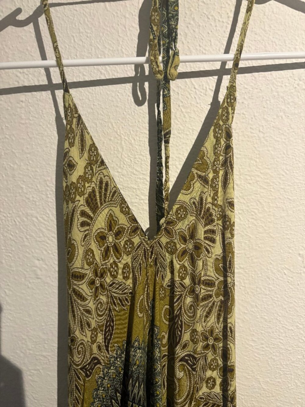 Boho Paisley Halter Maxi Dress Olive Green Open Back Y2K